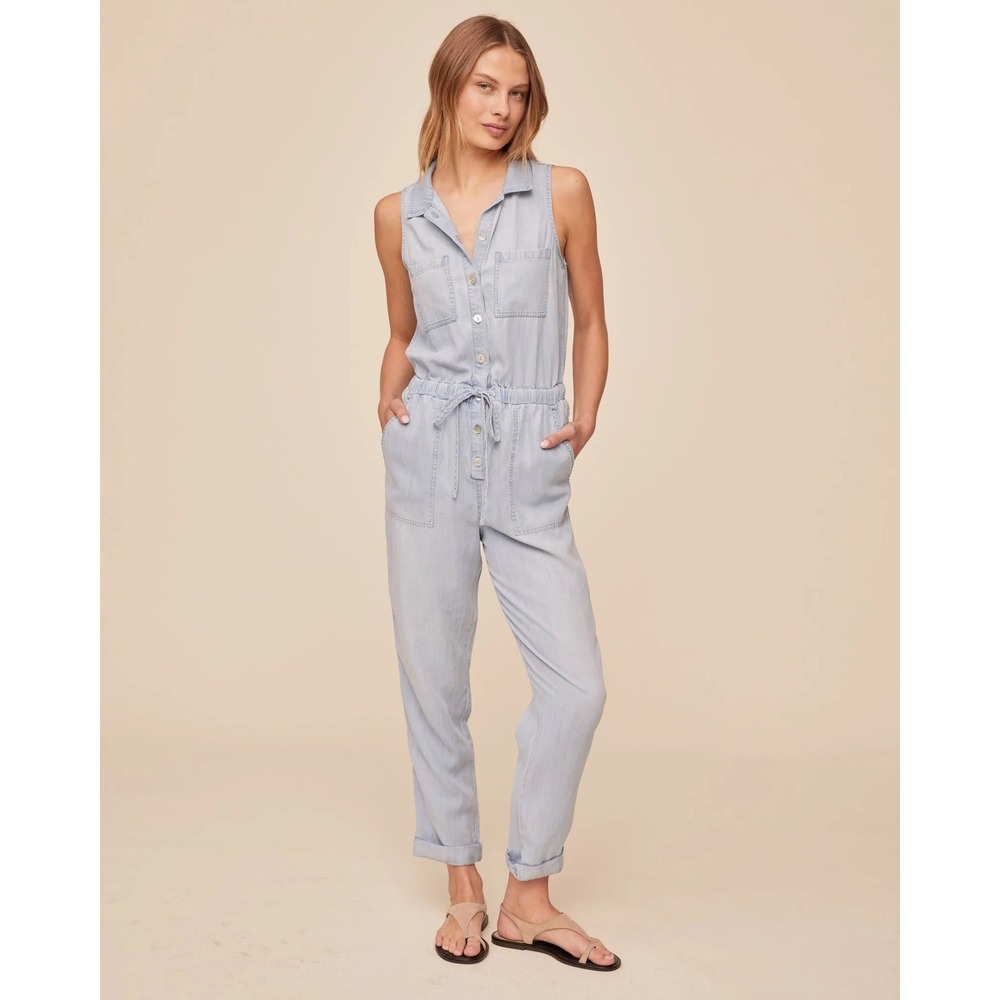 Bella Dahl Pocket Jumpsuit Light Sunspray Wash Tencel Sleeveless Blue Small